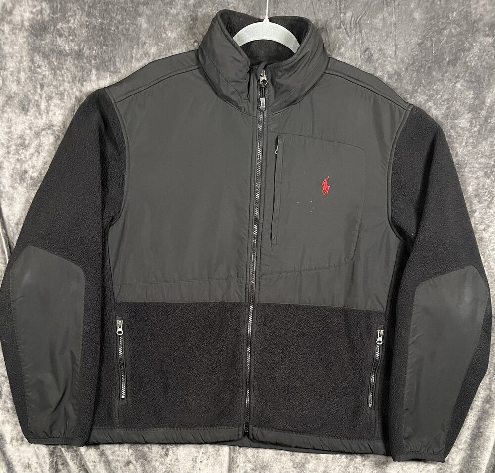 Polo Ralph Lauren Fleece Jacket Mens L Black Full Zip Outdoor Coat Red Pony